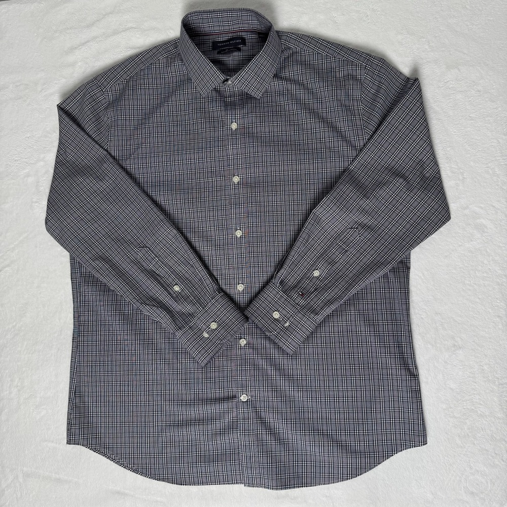 Tommy Hilfiger TH Flex Slim Fit Stretch Plaid Dress Shirt Blue Red XL 17 32/33
